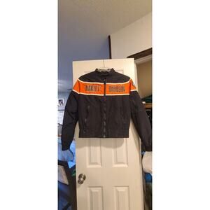 Harley Davidson Racing Womens Black/Orange Full Zip Nylon Jacket size Small